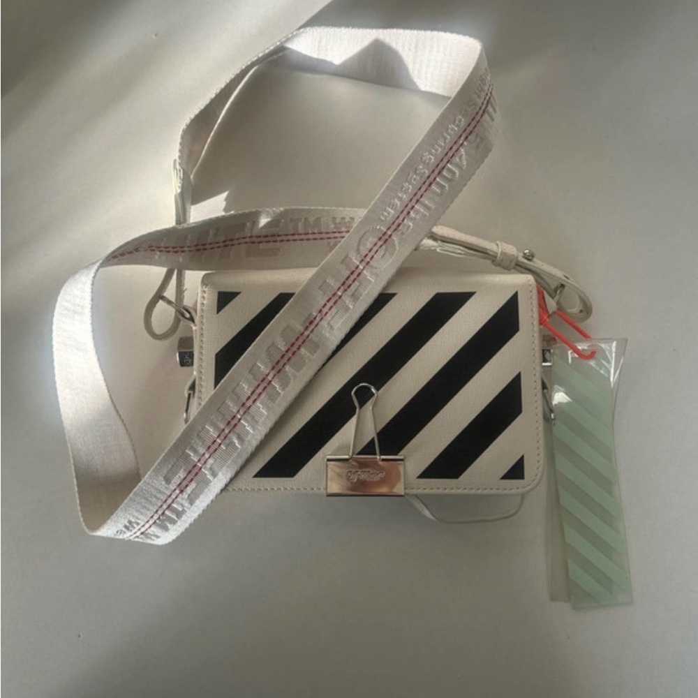 Off-White White and Black Diagonal Stripe Crossbody Bag with Detachable Strap